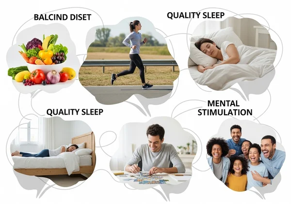 Collage of healthy lifestyle choices for brain well-being