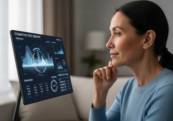 A person calmly reviewing cognitive test results on a screen