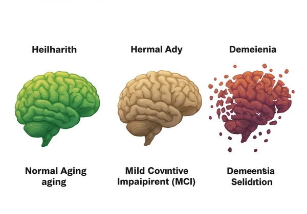 Brain health spectrum: normal aging, MCI, dementia stages.