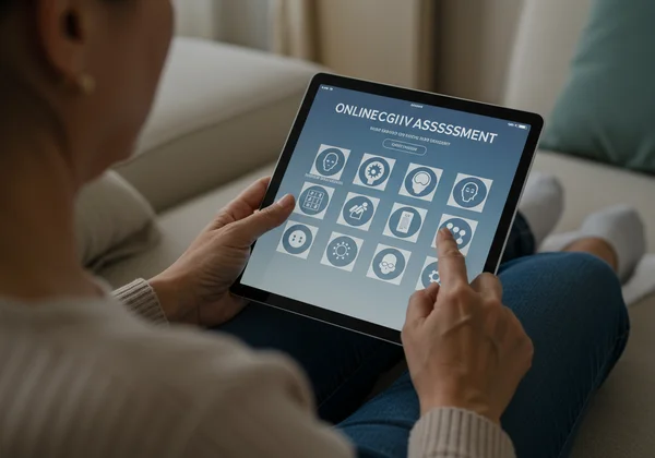 Person taking an online cognitive assessment on a tablet.