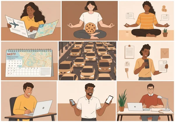 Diverse people managing daily tasks, showing executive functions