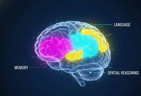 A stylized digital representation of the human brain highlighting different functional lobes