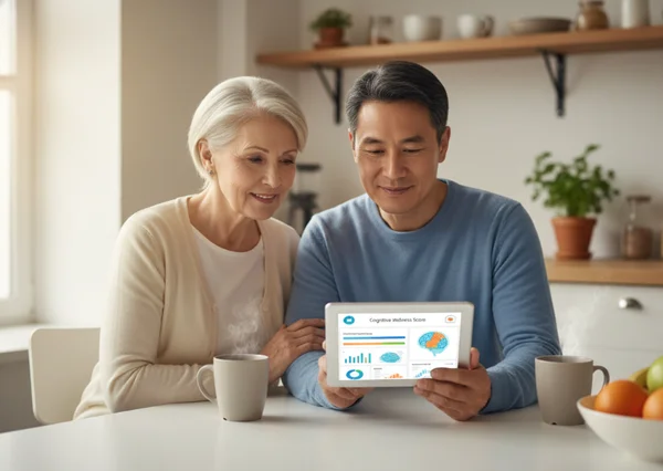 A senior woman and her middle-aged son reviewing a cognitive assessment together on a modern tablet